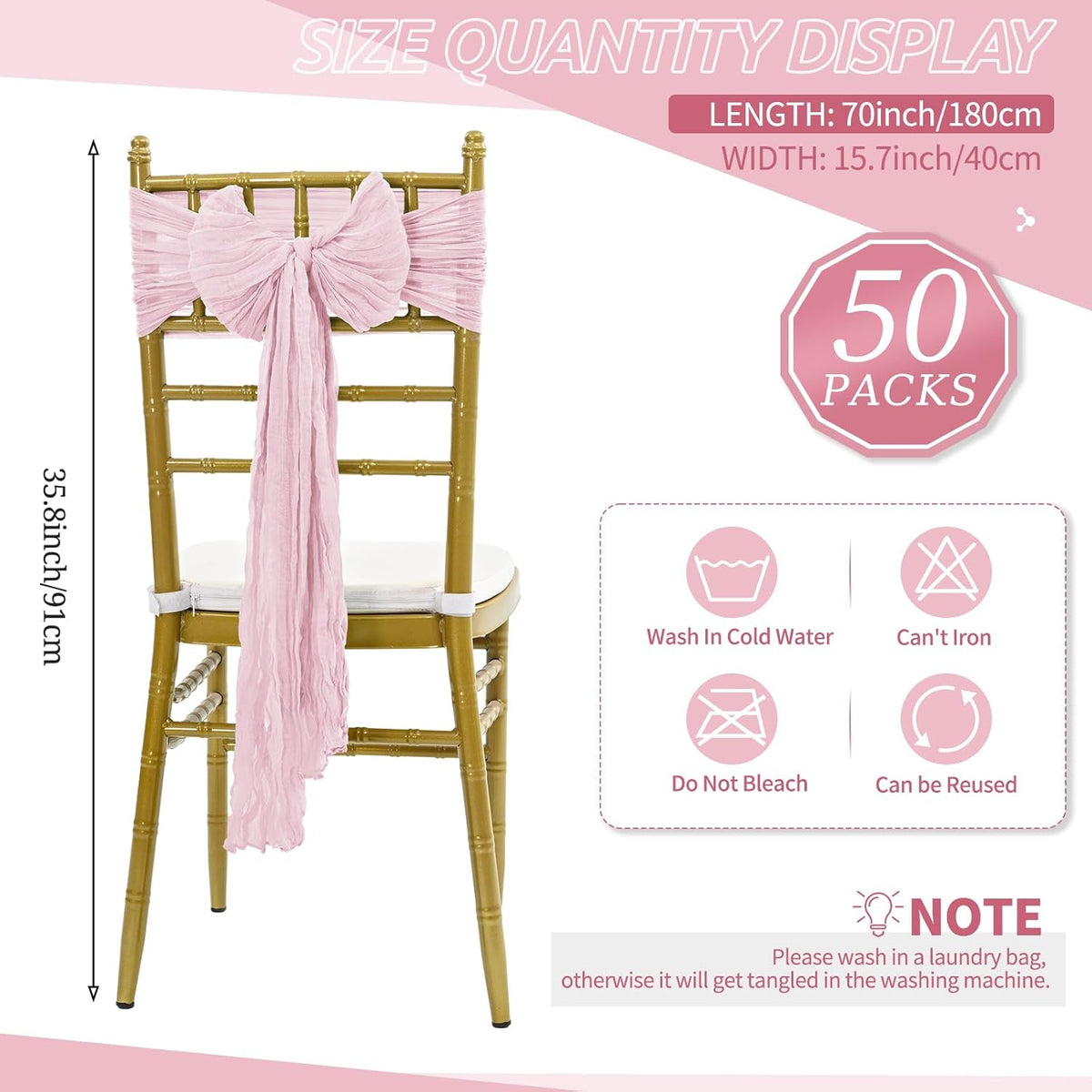 50 PCS Cheesecloth Chair Sashes Bows Wedding Aisle Decorations Chair Ribbon Ties Back Sash for