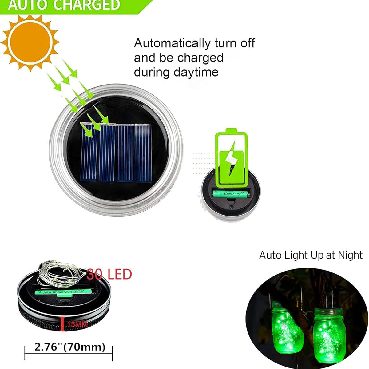 ZNYCYE Solar Mason Jar Lights, 12 Pack 30 LED Fairy Firefly Mason Jar Lids Outdoor Waterproof