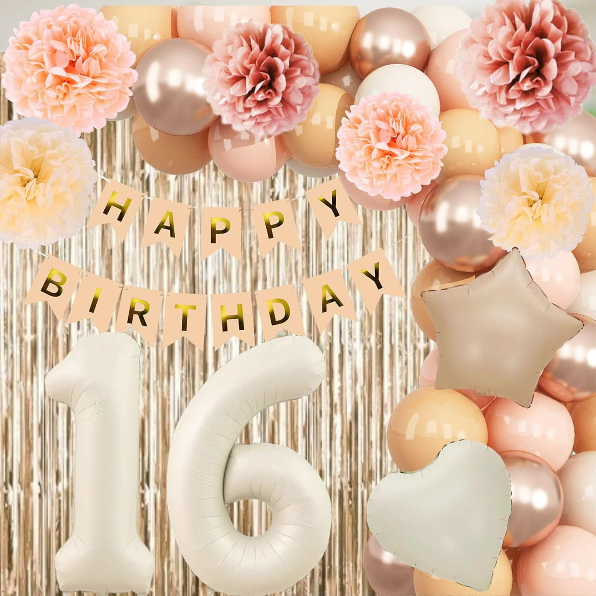 Beige 16th Birthday Decorations Girls Boys Cream Number 16 Balloon Nude Gold Happy Birthday Banner