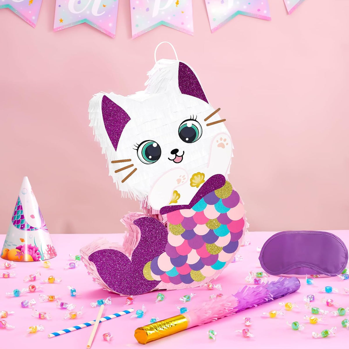 WERNNSAI Cat Piñata - Kitten Mermaid Birthday Party Decorations Kids Mermaid Pinata with Blindfold