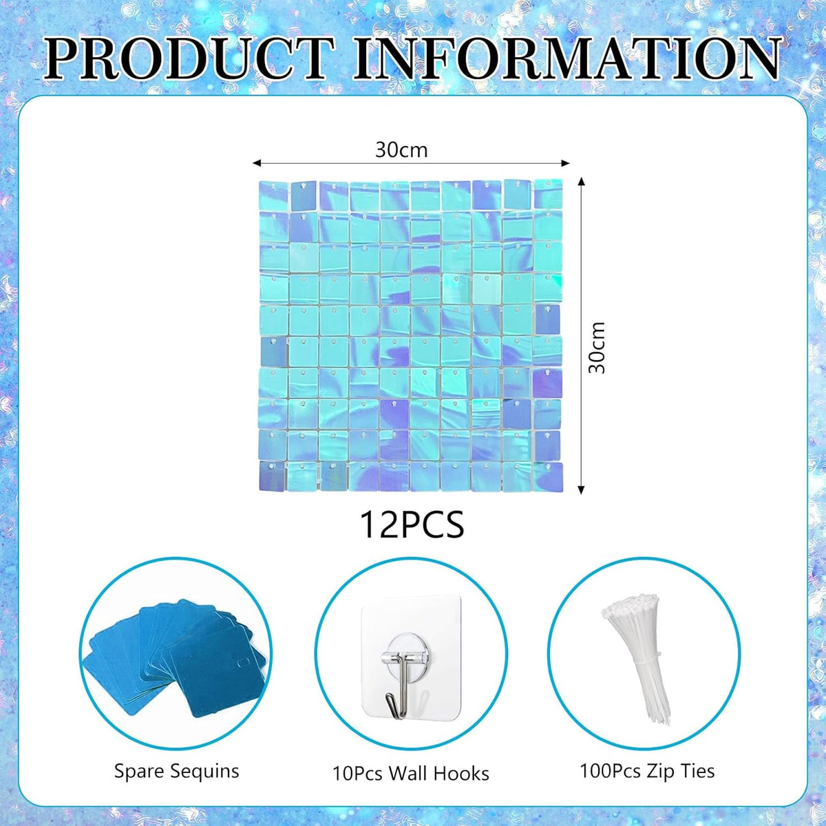 12PCS Colorful Ice Blue Shimmer Wall Backdrop, Square Sequin Photo Backdrops Panel, Glitter Wall