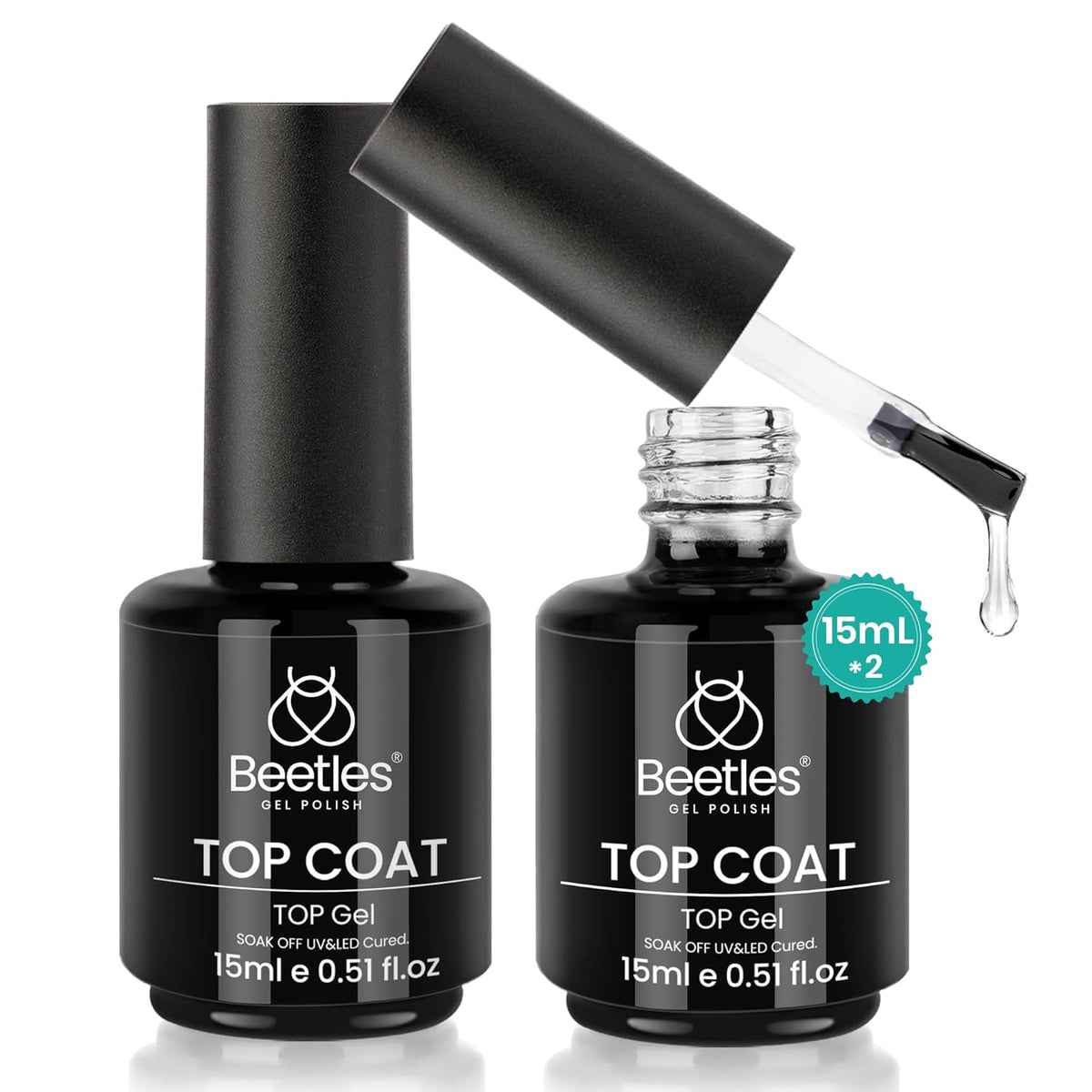 Beetles Top Coat Gel Nail Polish Set – 2Pcs 15ml No Wipe Gel Top Coat, Long-Lasting High Gloss