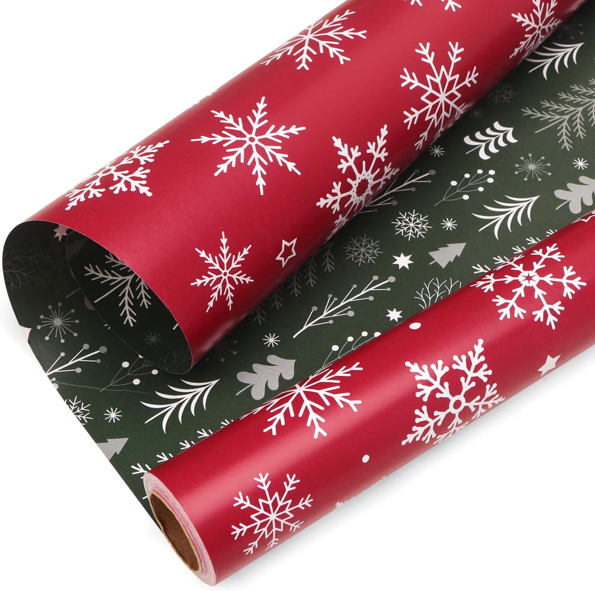 Ribbli Christmas Wrapping paper Reversible Snowflake and Christmas Tree Red Green Gift Wrapping