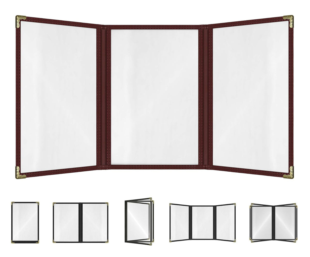 Goodsmart Restaurant Menu Covers – Burgundy, 25 Pack, 6-View Trifold 5.5" x 8.5", Side-Loading