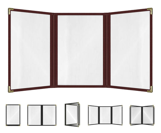 Goodsmart Restaurant Menu Covers – Burgundy, 25 Pack, 6-View Trifold 5.5" x 8.5", Side-Loading