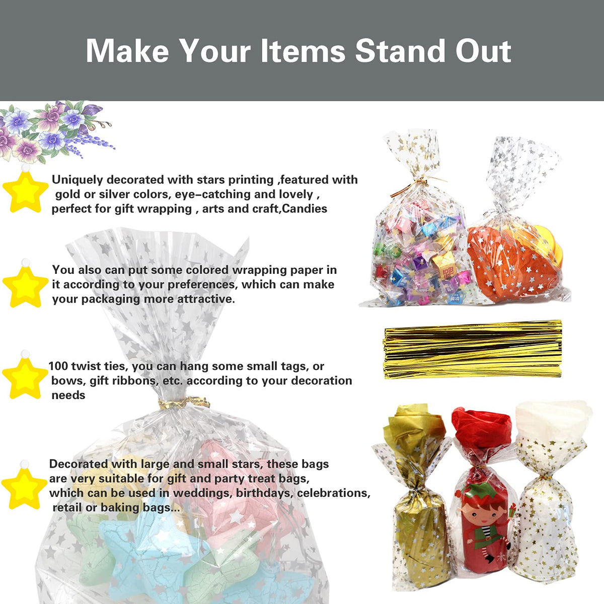 COQOFA 100 Pcs Star Printed 5"X 7" Gift Wrap Cello Cellophane Treat Bags Party Favor bags Clear