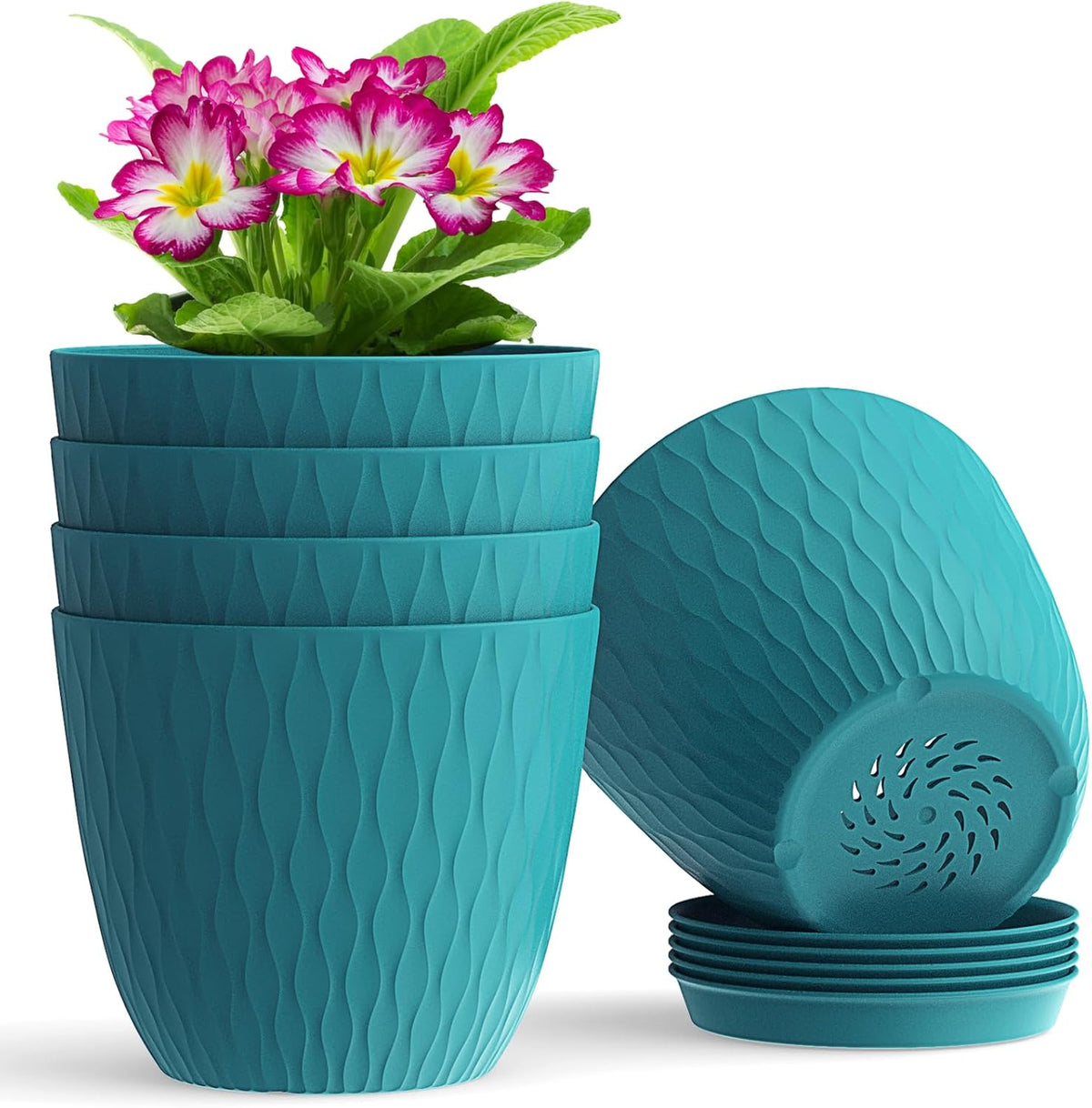 6 inch Plant Pots, 5 Pack Flower Pots with Drainage Holes and Saucers for Indoor Plants, Plastic