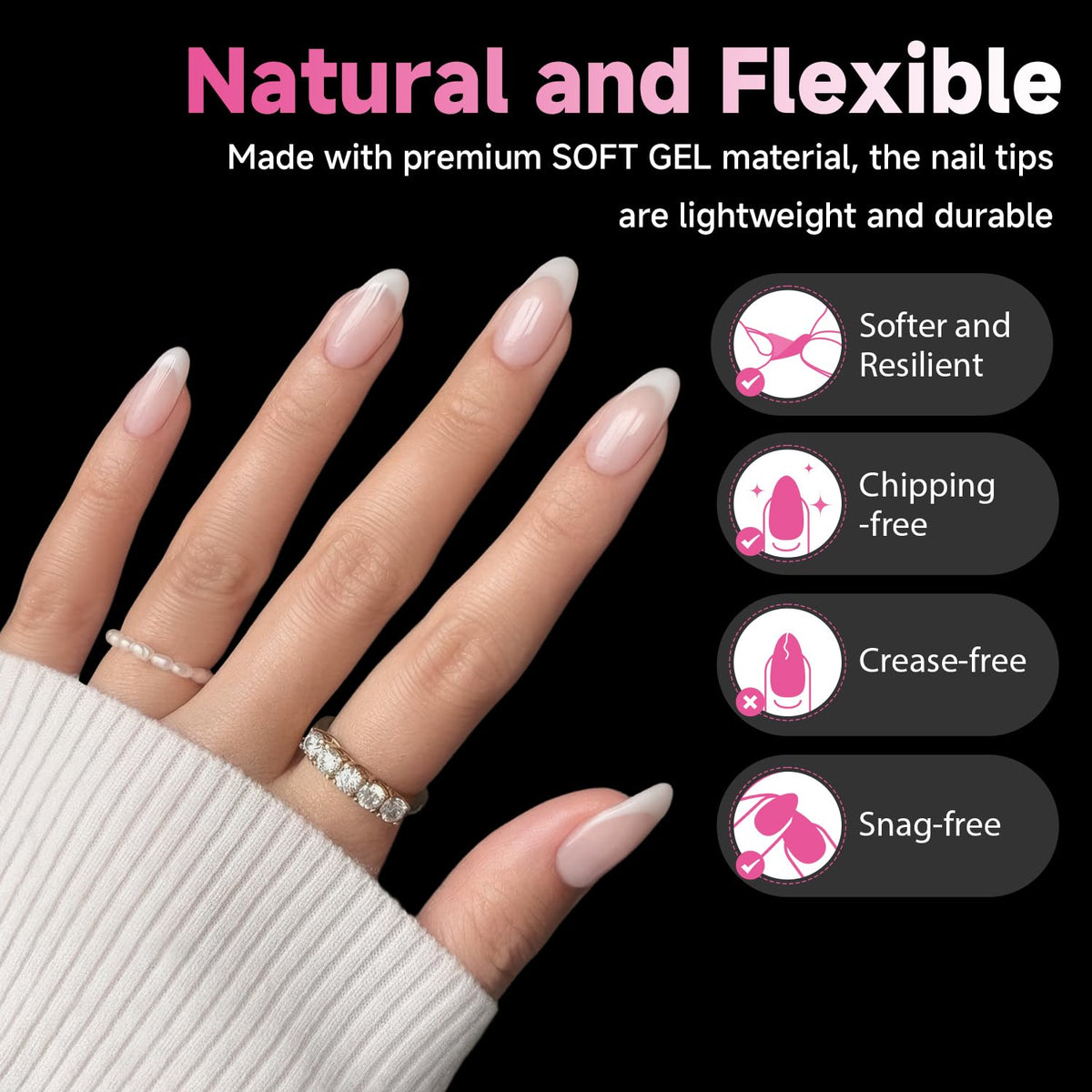 UNA GELLA 504Pcs Medium Pointed Almond Nail Tips, Pre-shape Almond Gel Nail Tips Half Matte Full