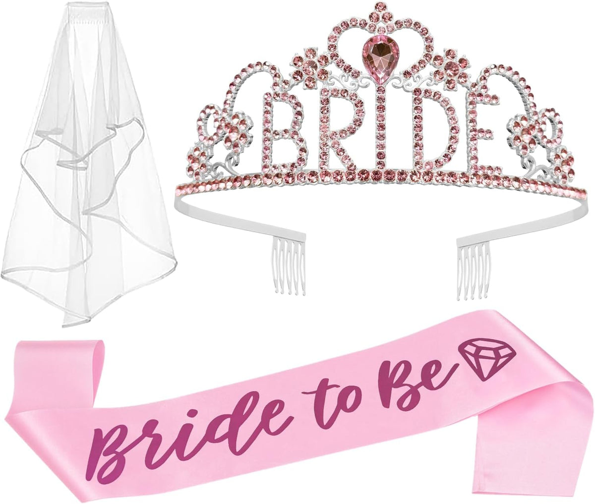 JETKONG 3 Pcs Bachelorette Party Decorations BRIDE Crown, Bride to Be Sash&Veil for Women