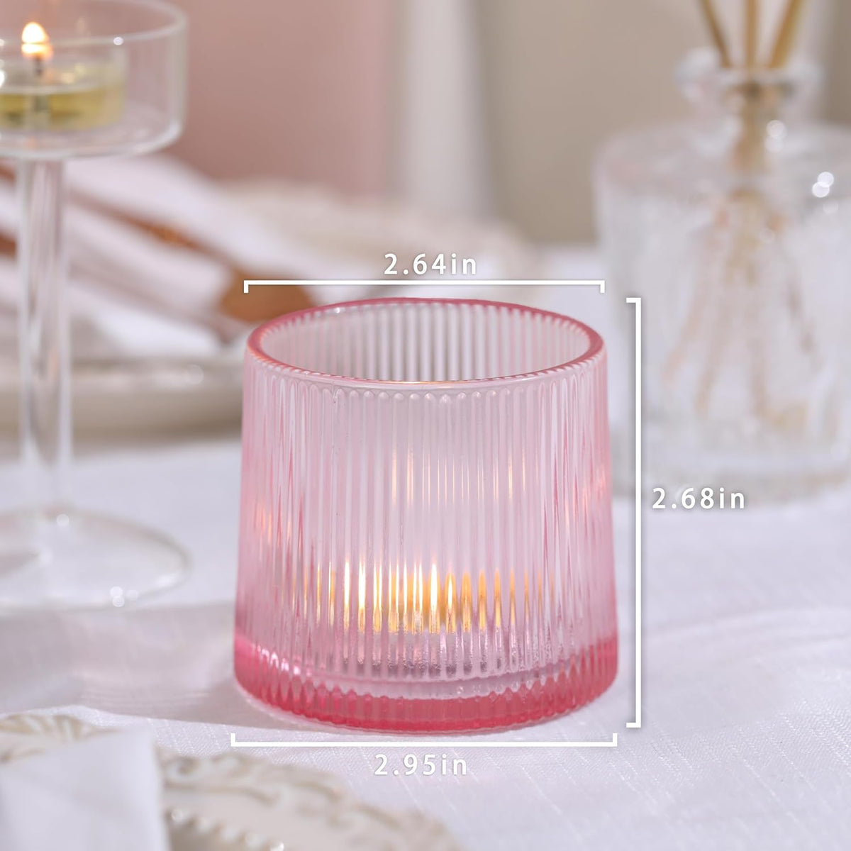 Pink Ribbed Tealight Votive Candle Holders- 6Pack Glass Candle Holders for Table Centerpiece, Home
