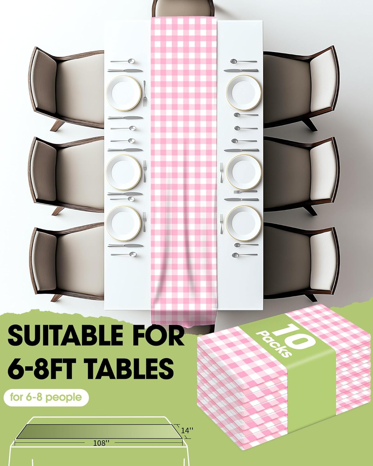 Pureegg Gingham Plastic Table Runners - 10 Pack, 14'' x 108'', Water Resistant & Disposable Plaid