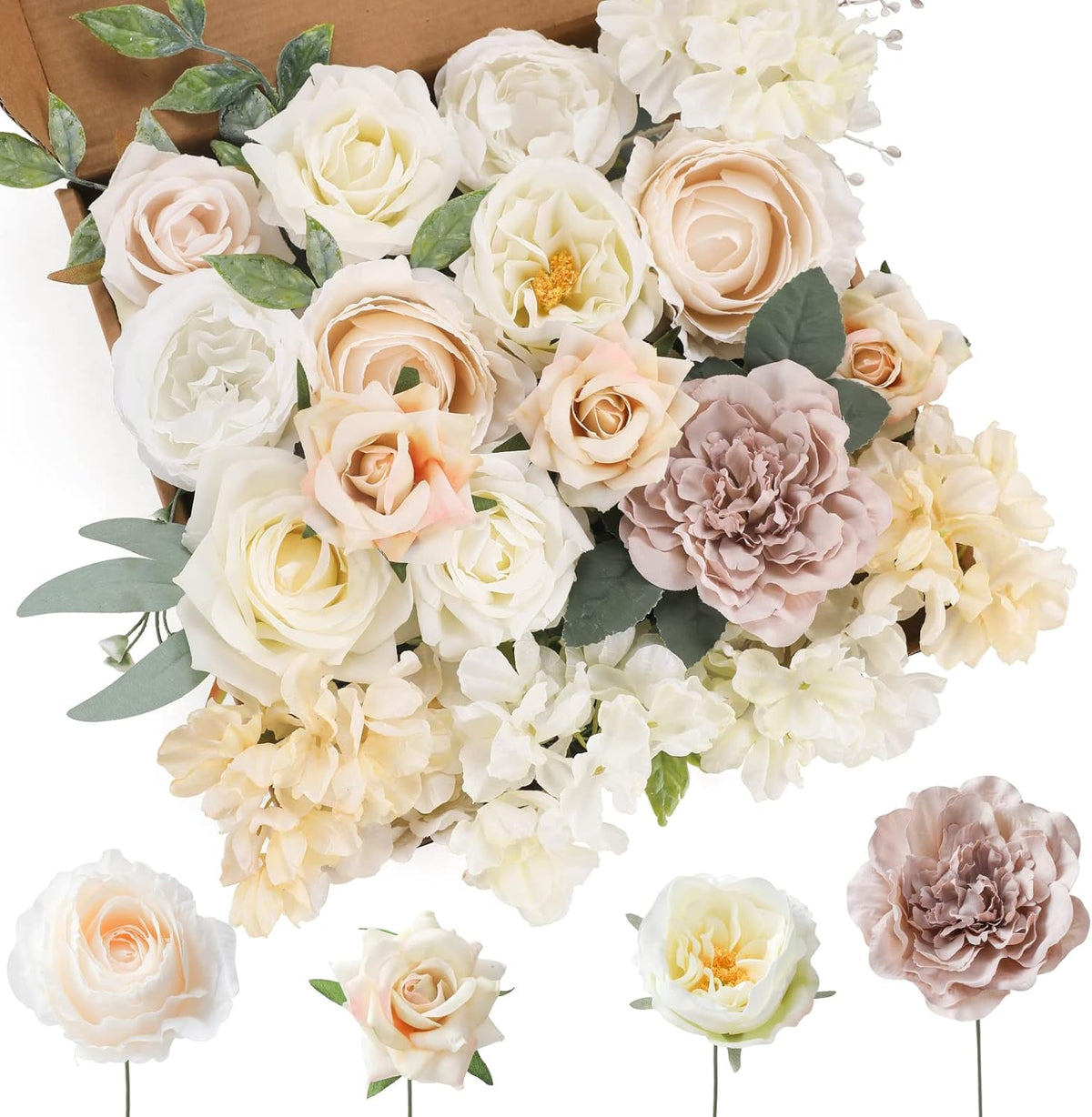 Floweroyal Artificial Flowers Combo White Flowers Mix Silk Flowers Dahlia Roses with Stems for DIY