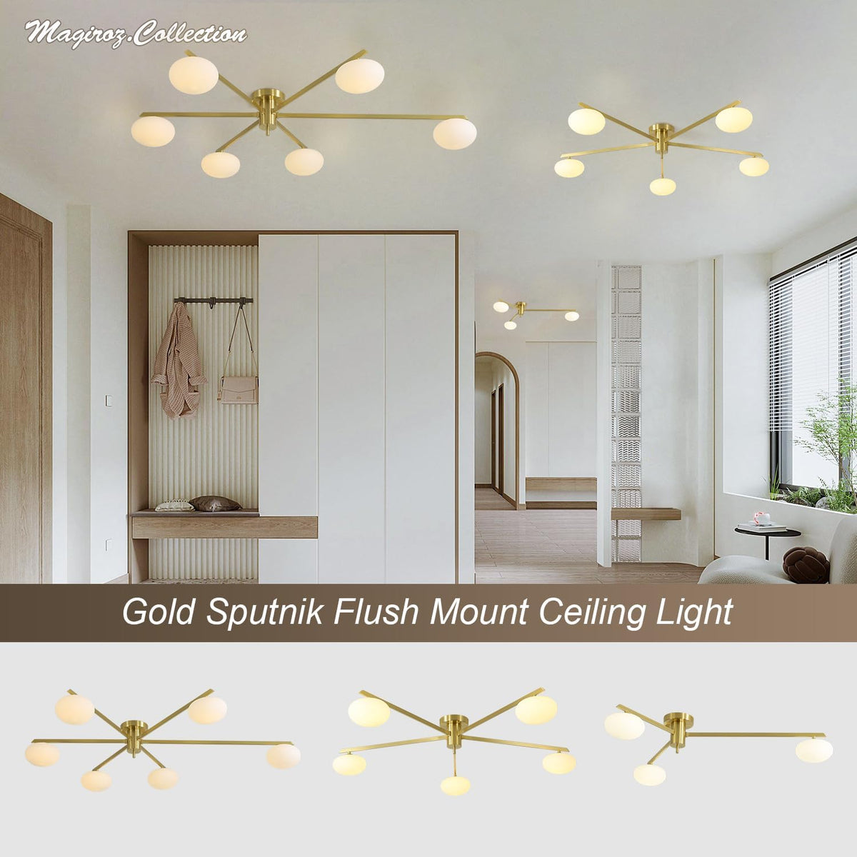 3-Light Gold Semi Flush Mount Ceiling Light,Modern Sputnik Chandelier,Mid Century Industrial