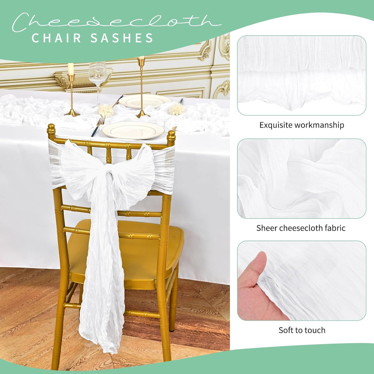 50 PCS Cheesecloth Chair Sashes, Bows Designed ChairSashes, 15.7x108 inch Chair Sashes for Aisle