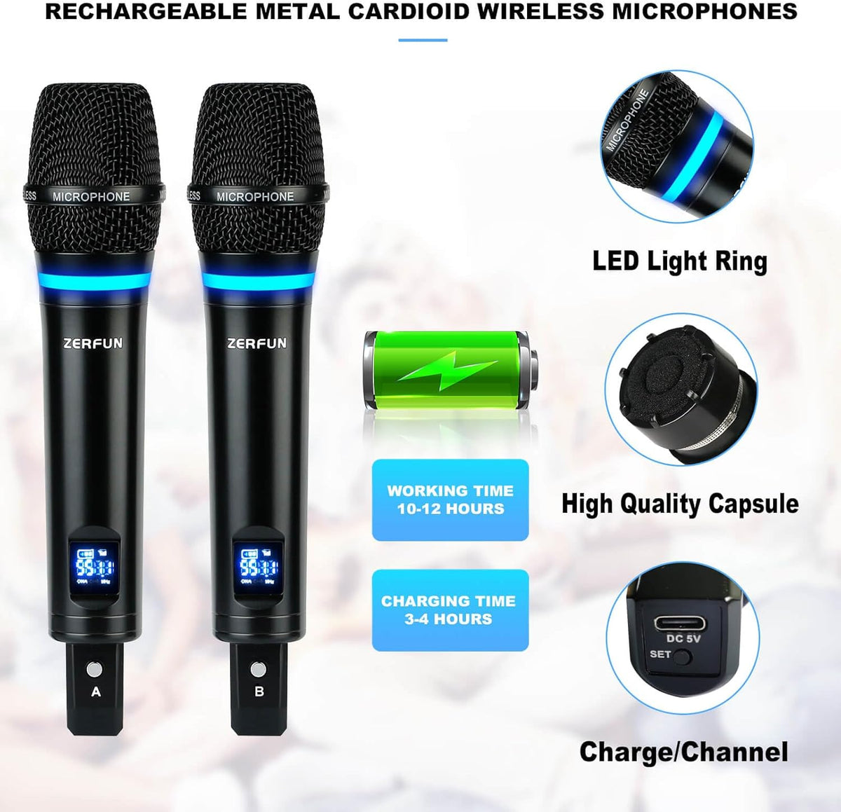 4 Channel Rechargeable Wireless Microphone System, Pro UHF Metal Handheld Wireless Microphones