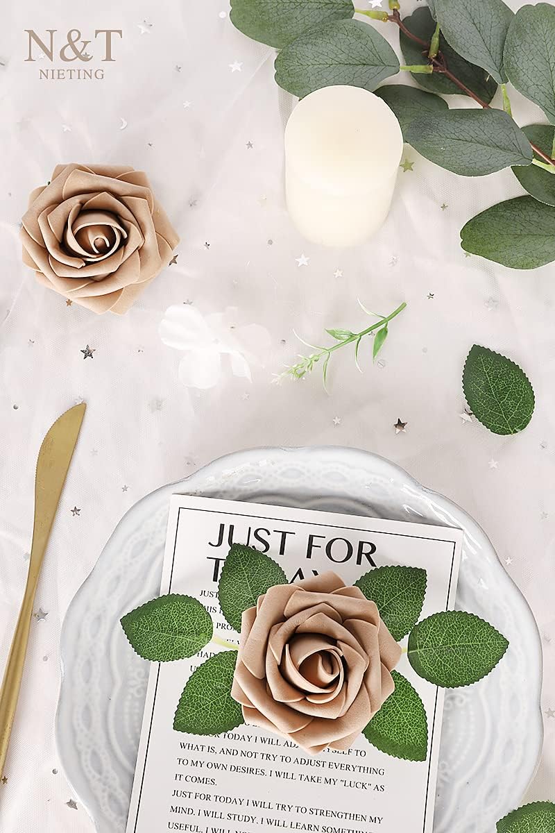 N&T NIETING Artificial Flowers Light Brown Roses, 50 Pcs Faux Flowers Fake Flowers Perfect for DIY