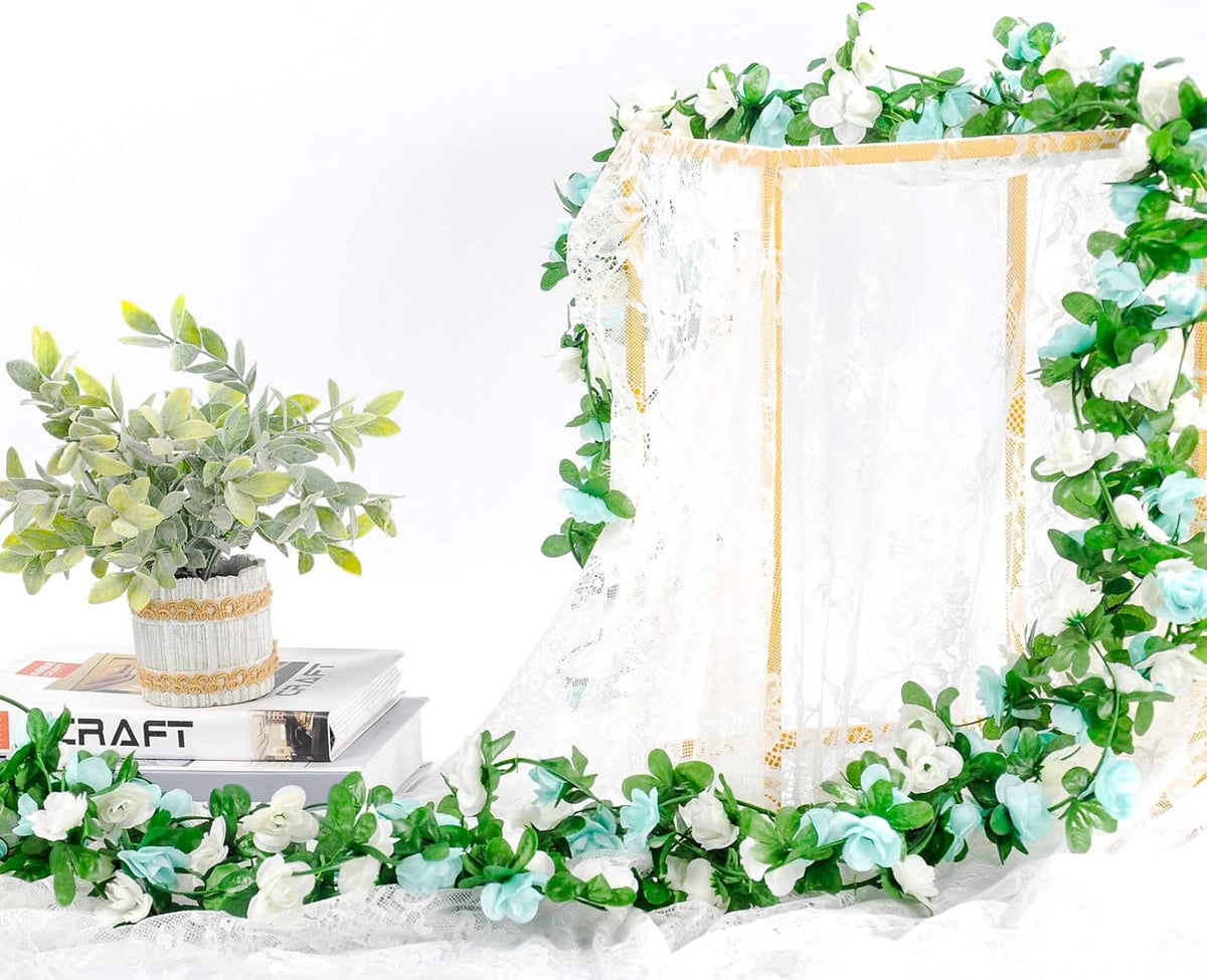 Miracliy 9Pcs 74FT Blue and White Flower Garland Artificial Rose Arch Vines Fake Spring Floral