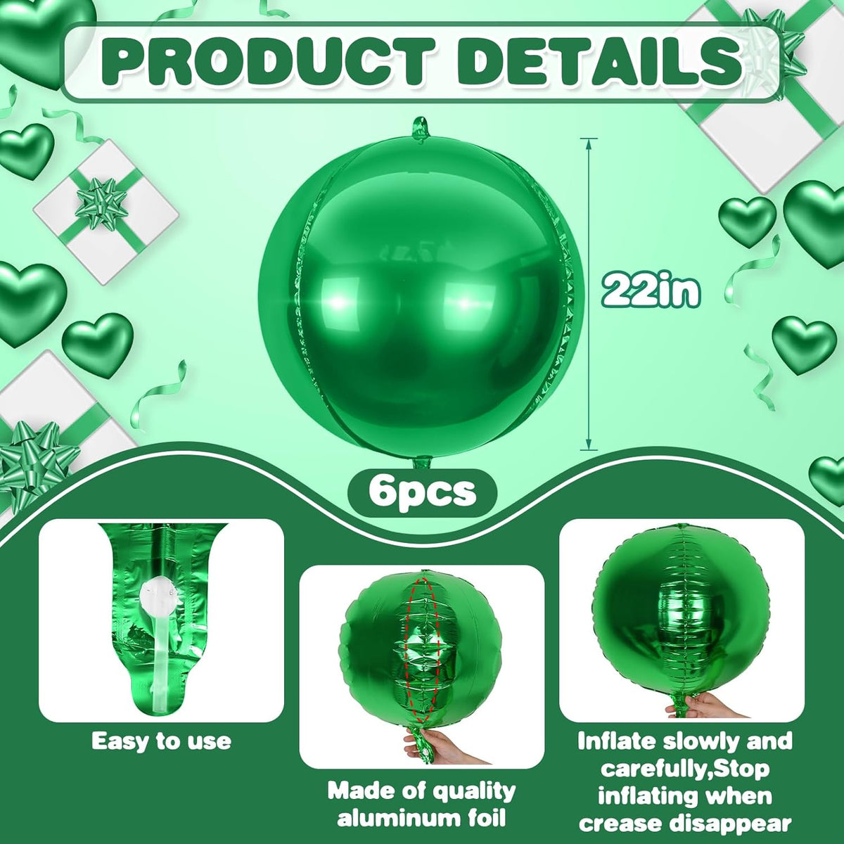 6Pcs Green Round Foil Balloons,Giant 4D Round Ball Balloons,22 Inch Metallic Green Balloon for