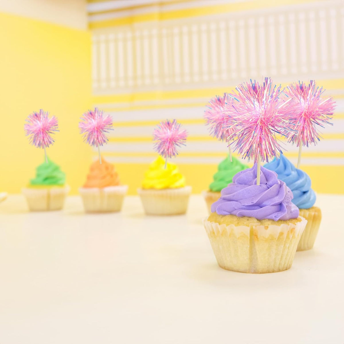 Gyufise 30Pcs Foil Firework Cupcake Toppers Sparkle Tinsel Cake Toppers Tinsel Drink Cake