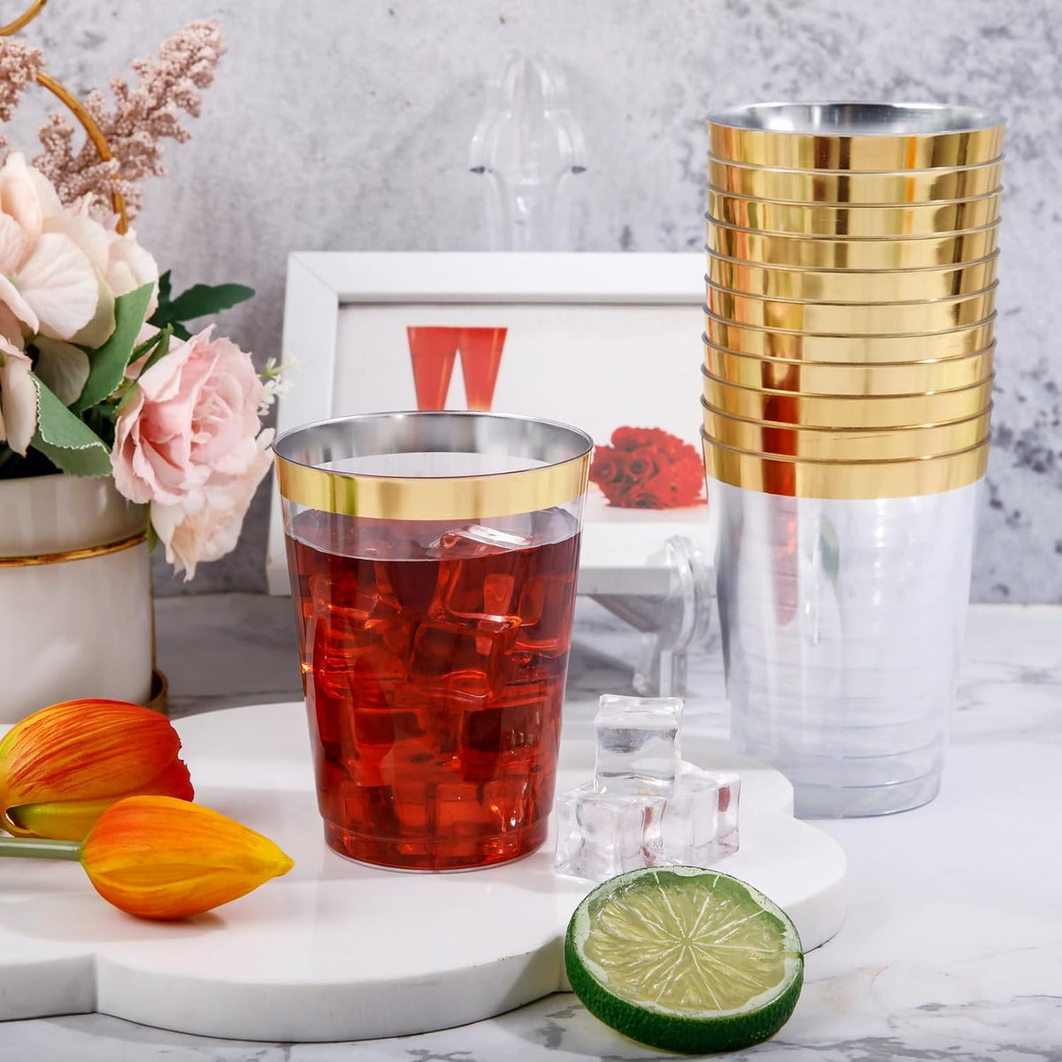 DaYammi 200 Pack Gold Plastic Cups 10 Oz Clear Plastic Cups Gold Rimmed Disposable Wine Glasses