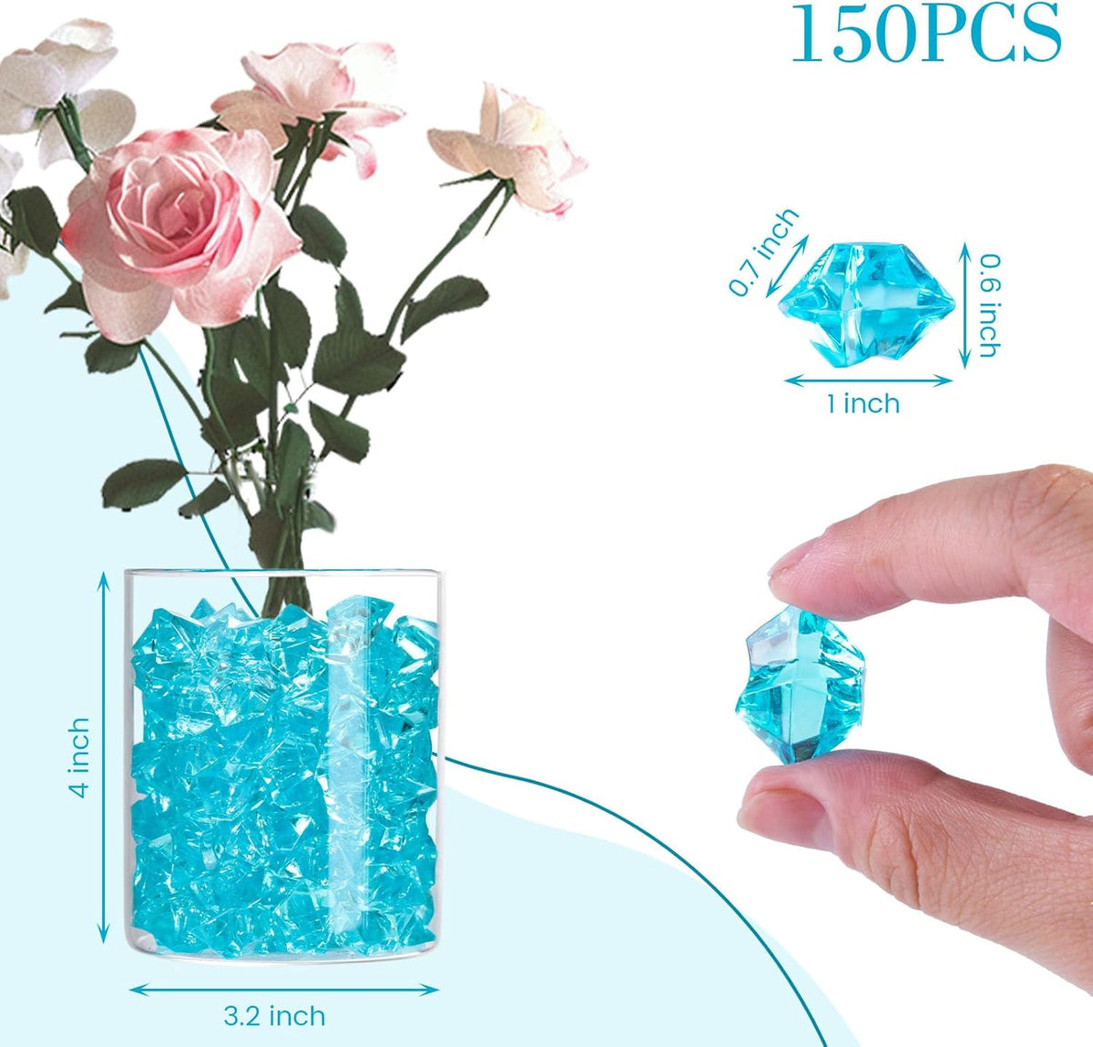 DomeStar Light Blue Fake Ice Rocks, 150PCS Acrylic Gems Crystals Plastic Diamonds Vase Centerpiece