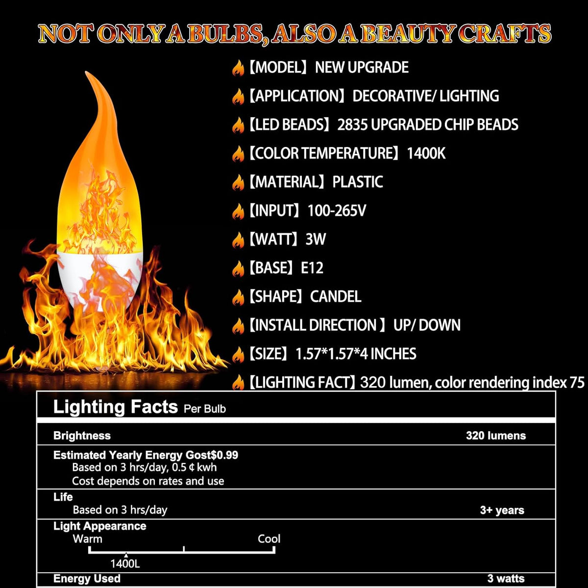 E12 LED Flickering Candelabra Flame Effect Light Bulbs - Upgrade Flicker Candelabra Torch Fire