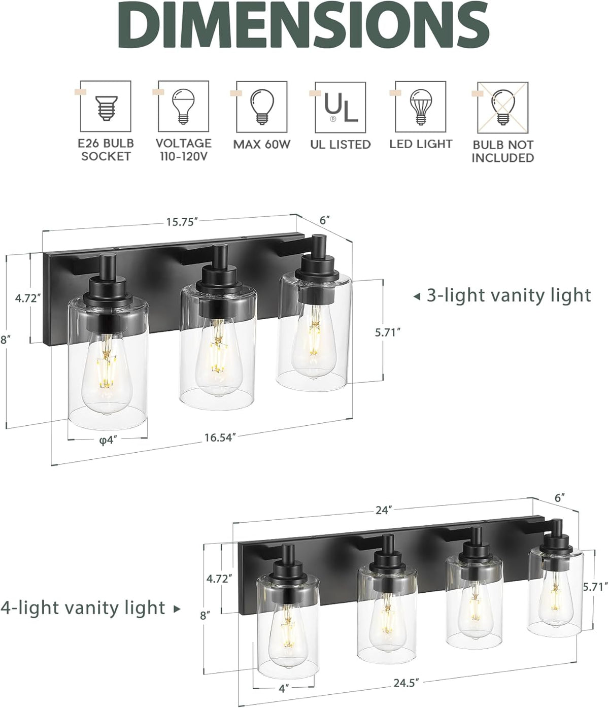 4-Light Bathroom Light Fixtures, Black Vanity Light with Cylinder Clear Glass Shade, Modern Vanity