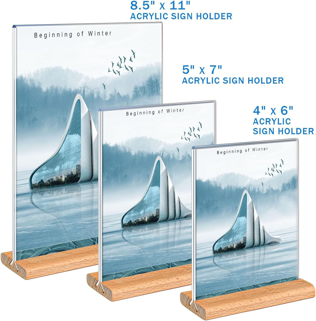 Kersally Acrylic Sign Holder 5 x 7, 3 Pack Double-Sided Clear Table Display Stands with Wood