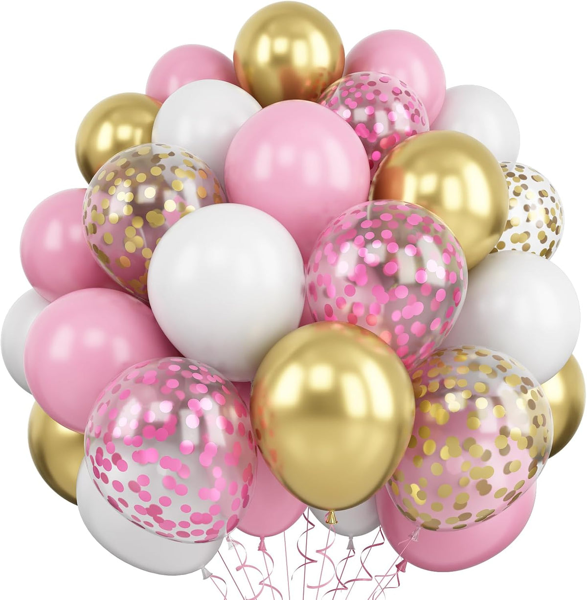 Balloons Pink Gold Confetti, 60 Packs 12 Inch Pink White Metallic Gold Balloon for Girls Birthday