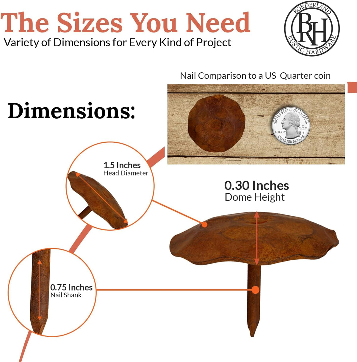 10 Pack 1.5" Round Head Iron Clavos Decorative Nails – Rusted – Handmade Rustic Round Fasteners for
