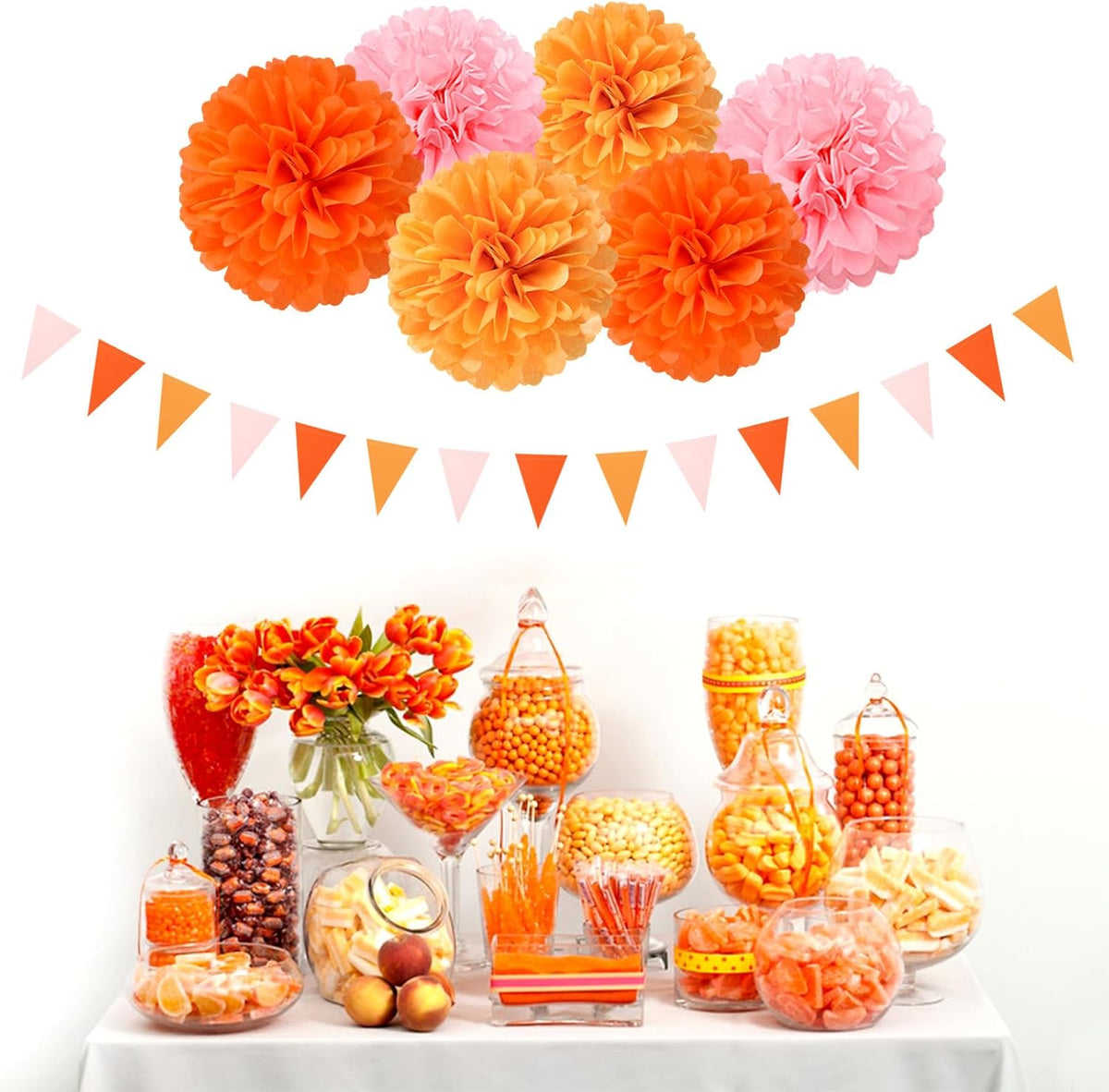 Pink-Orange Groovy Party-Decorations Pom-Poms Streamers - 23pcs Fall Autumn Thanksgiving Harvest