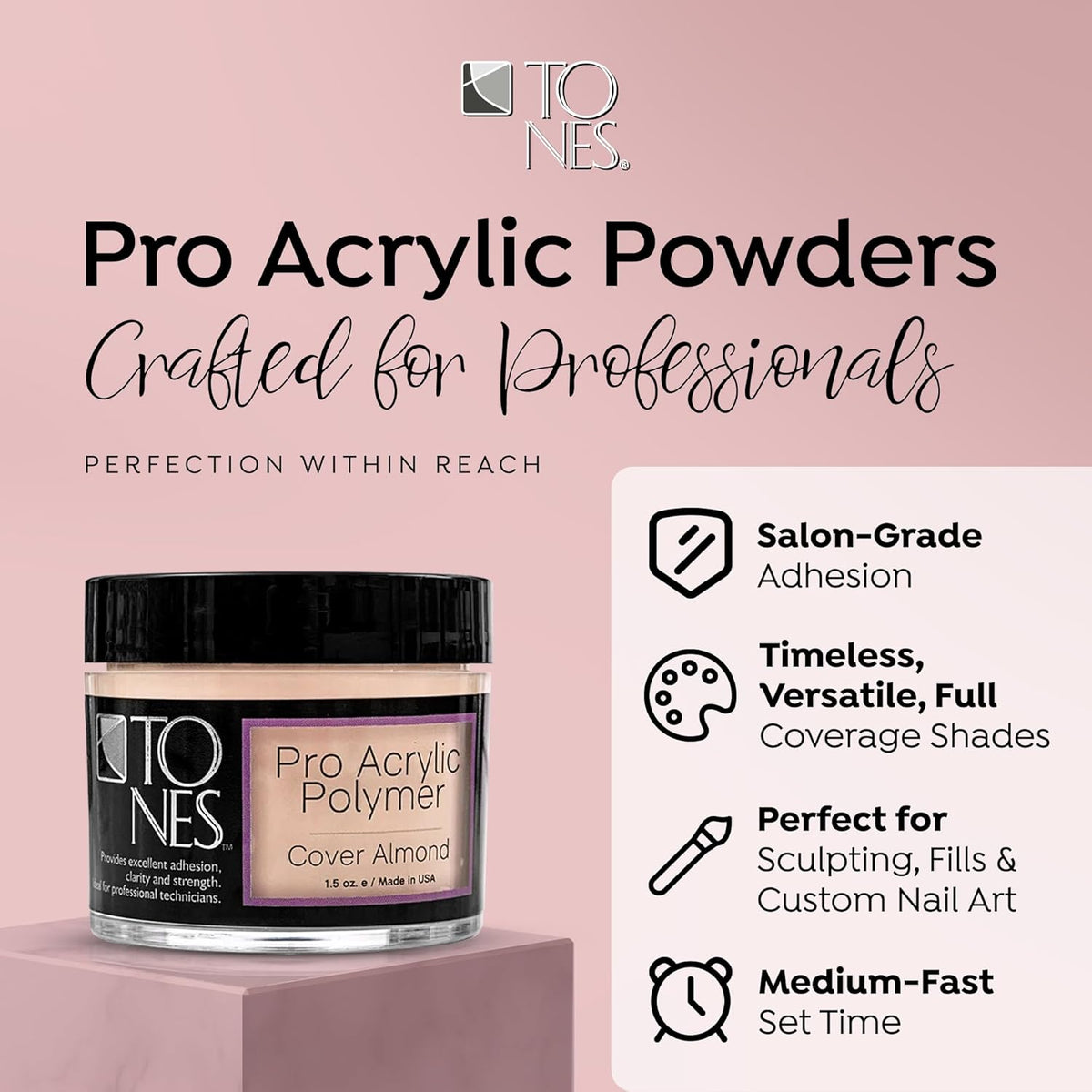 Tones Pro Acrylic Nail Powder, Cover Almond (Soft Nude Beige), (8.5 Fl Oz) - Long-Lasting &