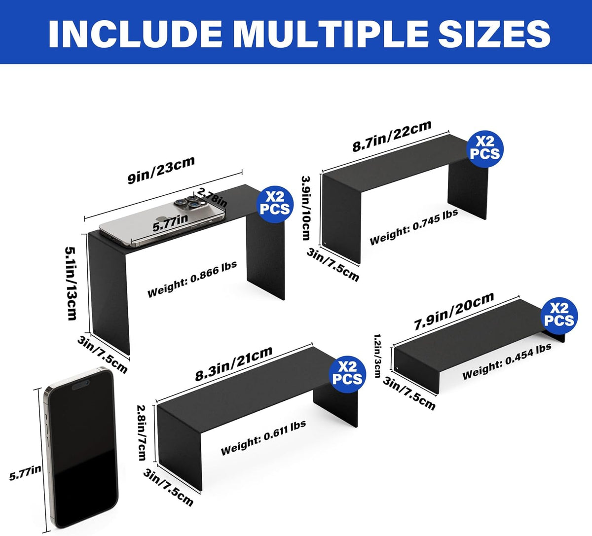 Black Matte Metal Display Stand,8 Pcs 2 Set Display Risers, Metal Rectangular Display Shelf for