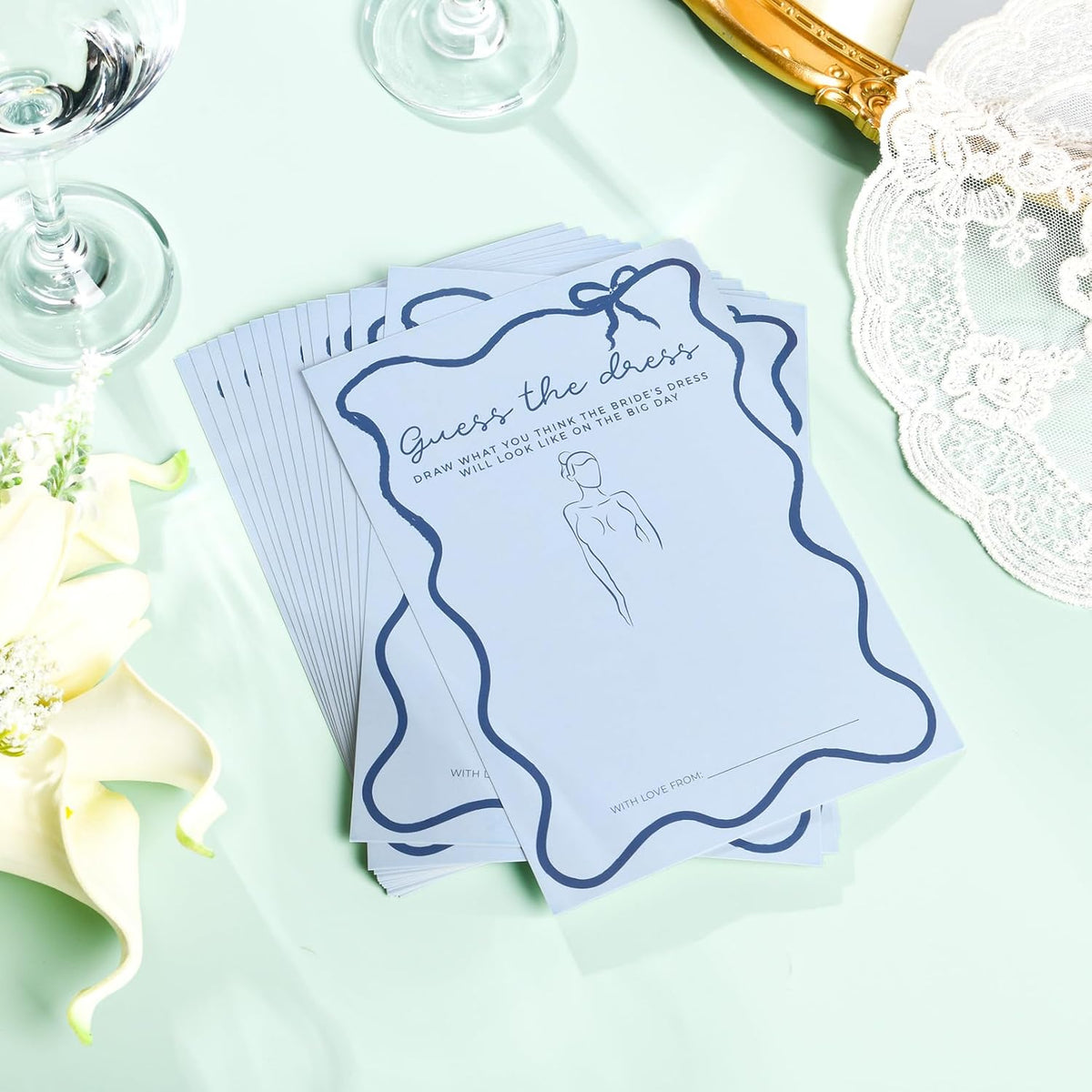 DEEKA 30 PCS Bridal Shower Games Card for 30 Guests Blue Wavy Border Ribbon Bow Funny Wedding
