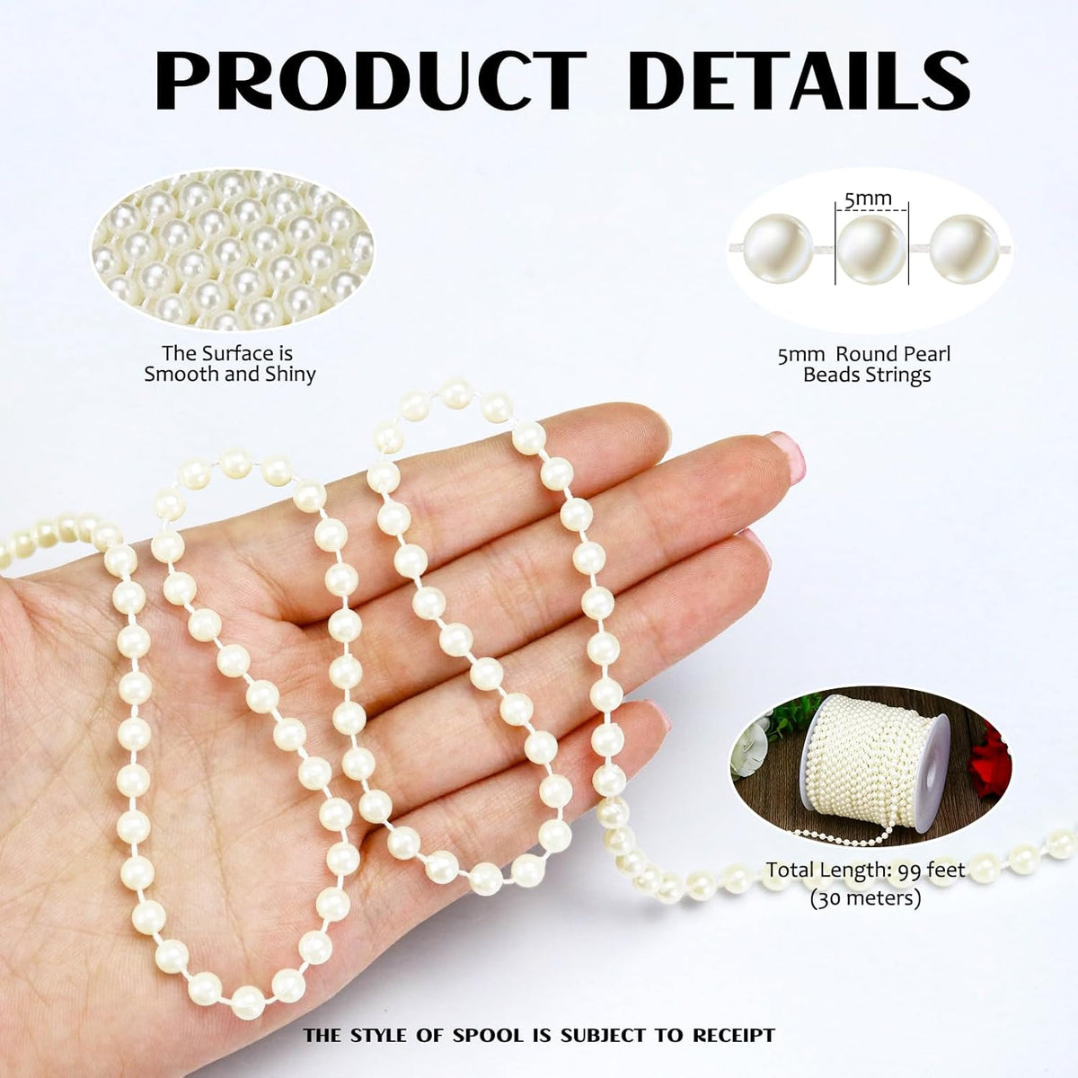 99 Feet 5mm Faux Pearl Strings Garland Artificial Pearl Beaded Trim Chain Strands for Crafting