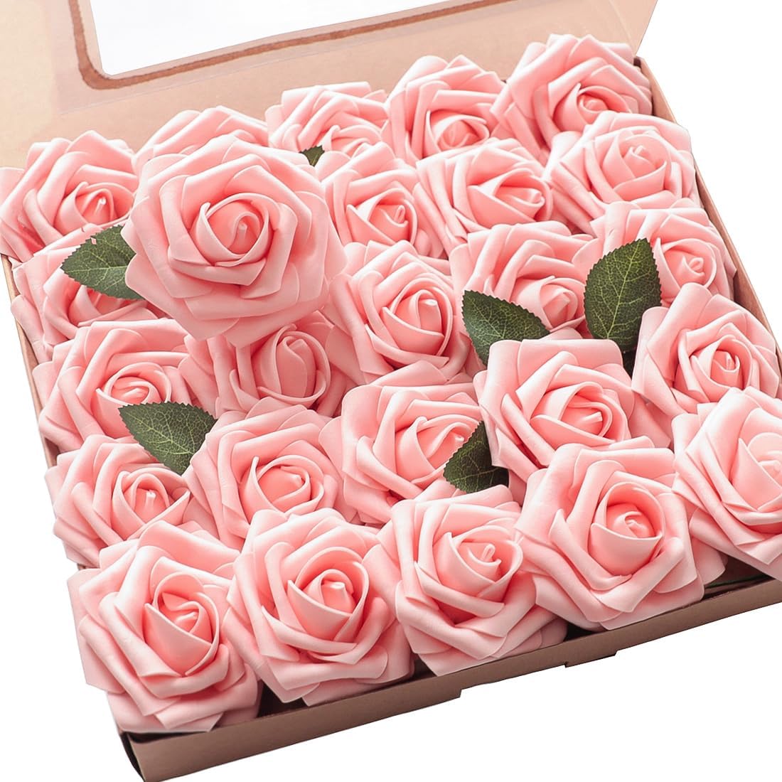 Floroom Artificial Flowers 50pcs Real Looking Peach Pink Foam Fake Roses with Stems for DIY Wedding