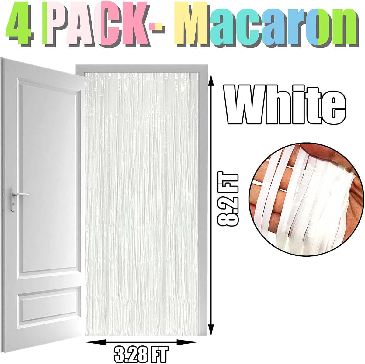 4 Pack Macaron White Foil Fringe Curtain Backdrop, 3.28Ft x 8.2Ft Foil Fringe Streamers Curtains