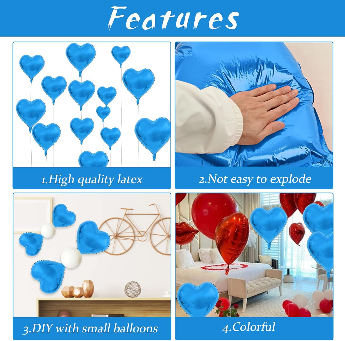 Blue Foil Heart Balloons, 10PCS 18inch Love Shape for Helium Birthday Party Decorations, Boys Men