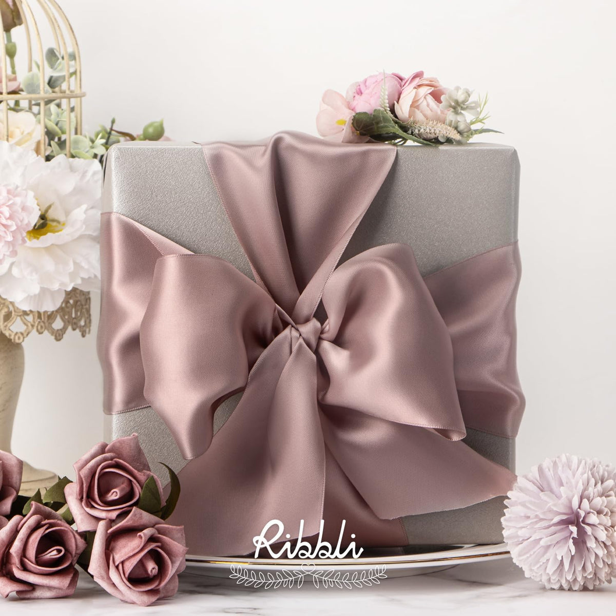 Ribbli Mauve Satin Ribbon 4 Inch Wide Dusty Rose Ribbon for Wedding Chair Sash Grand Opening