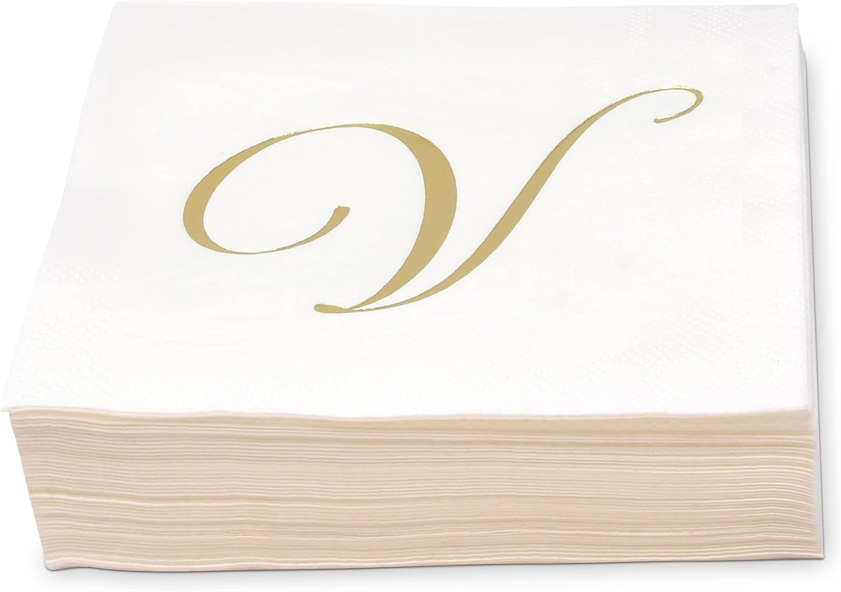 Gift Boutique 100 Gold Monogram Cocktail, Letter V Disposable Paper Pack Elegant Metallic Golden