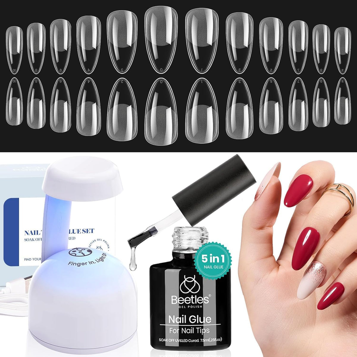 Beetles Gel Nail Kit Etch-X, Almond Medium, 500pcs 12 Sizes, with 9 in 1 Glue Mini Nail Lamp, Fall