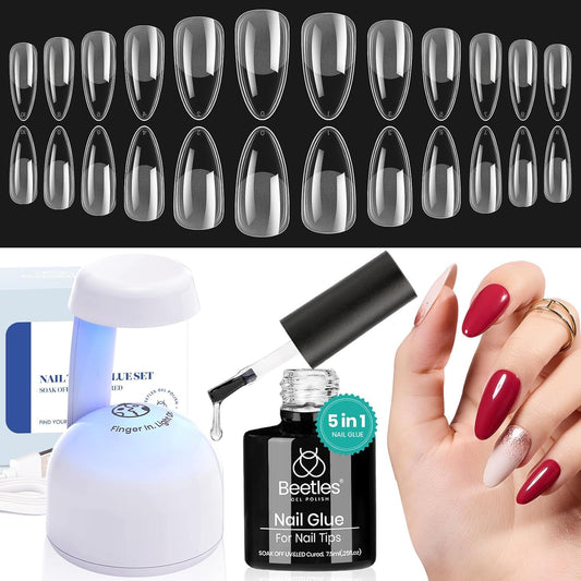 Beetles Gel Nail Kit Etch-X, Almond Medium, 500pcs 12 Sizes, with 9 in 1 Glue Mini Nail Lamp, Fall