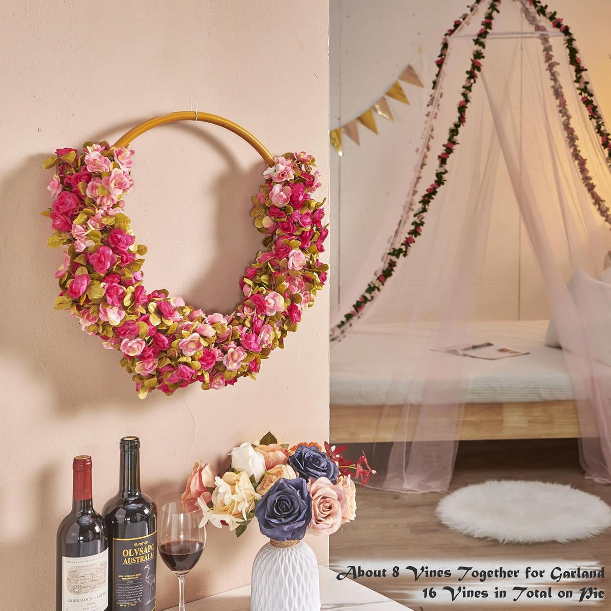6 Pcs x 8.2 ft Flower Garland Artificial Rose Vine Flowers with Green Leaves Hanging Fake Roses