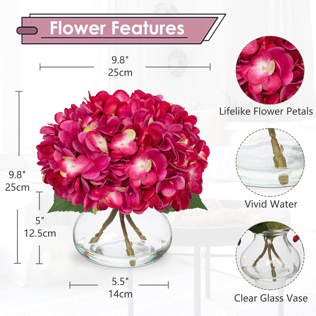 Hollyone Hydrangea Artificial Flowers with Glass Vase Fuchsia Silk Faux Flowers Arrangements in