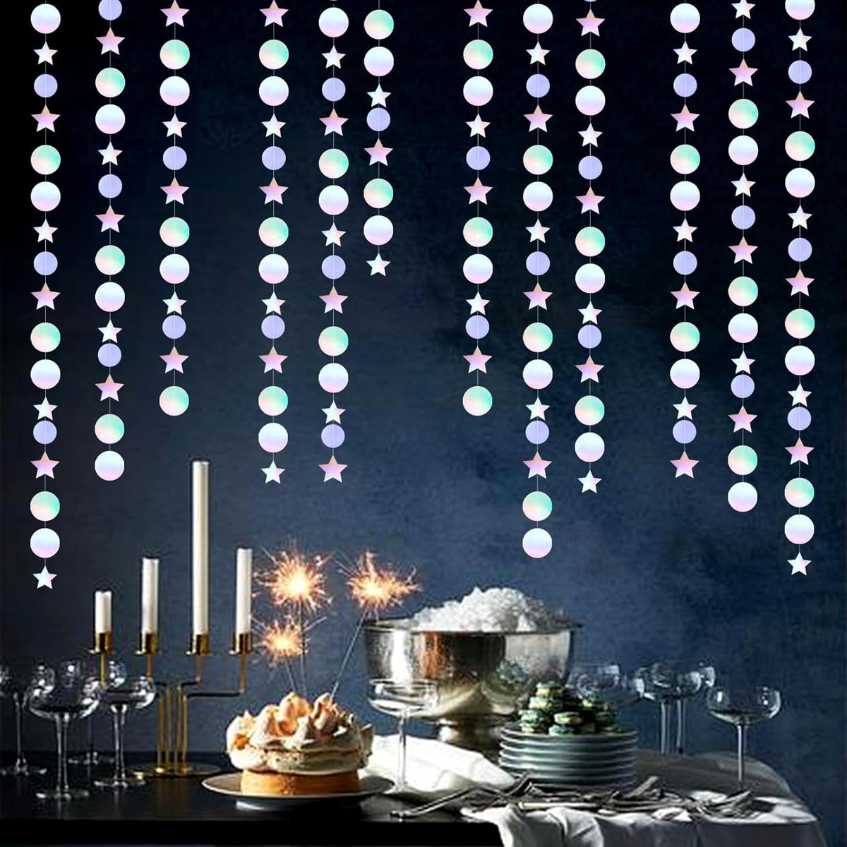Iridescent Disco-Holographic Birthday Party-Decorations Garland - 52Ft Star Neon Wedding Hanging