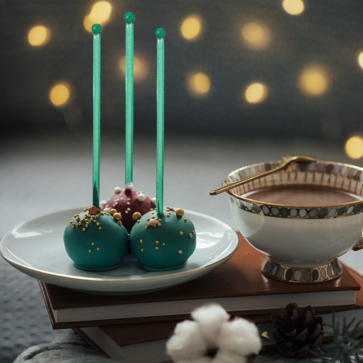 50-PCS Christmas Green Glitter Plastic Swizzle Sticks, Crystal Cake Pops, Cocktail Coffee Drink