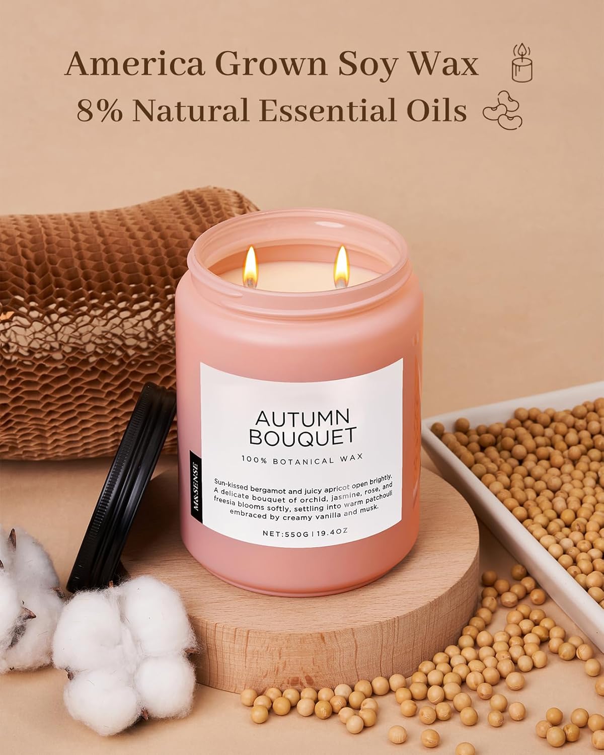 M&SENSE Fall Candle Autumn Flower Scented, Large 19.4oz Natural Soy Wax 110 Hours Burn Time Clean