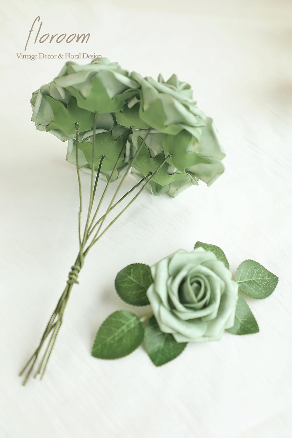 Floroom Artificial Flowers 50pcs Real Looking Elf Green Foam Fake Roses with Stems for DIY Wedding