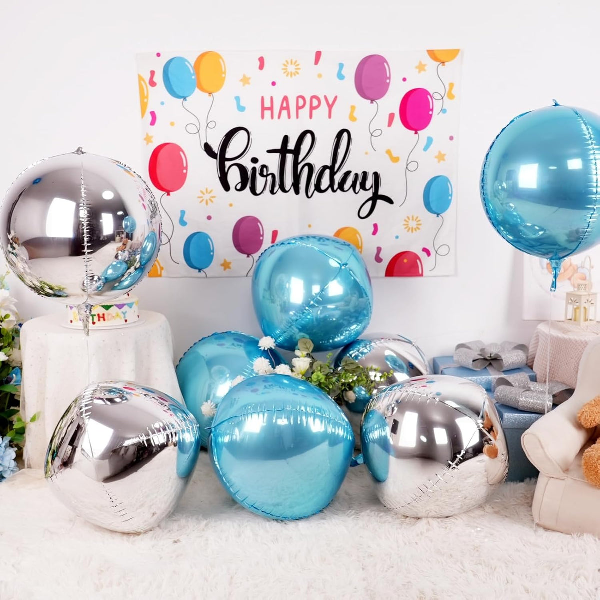 6Pcs Blue Silver Round Foil Balloons, 22inch 4D Metallic Silver Blue Balloons, Large Round Foil