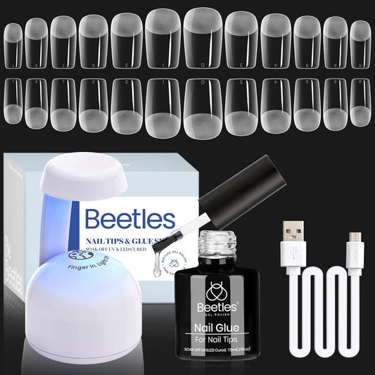 Beetles Gel Nail Kit Easy Nail Extension Set 504Pcs Pre Filed Half Matte Short Square Soft Etch X